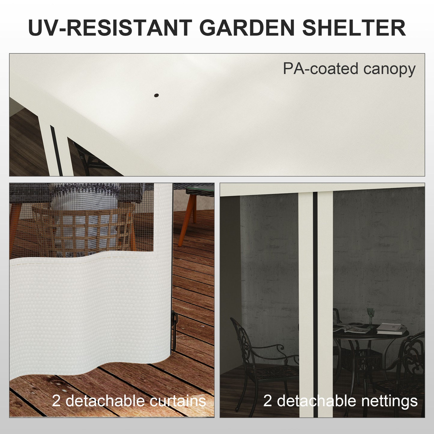 10' x 13' Wall Pergola, Outdoor Gazebo with 2 Curtains and 2 Nettings, UV Resistant, for Patio, Deck, Beige
