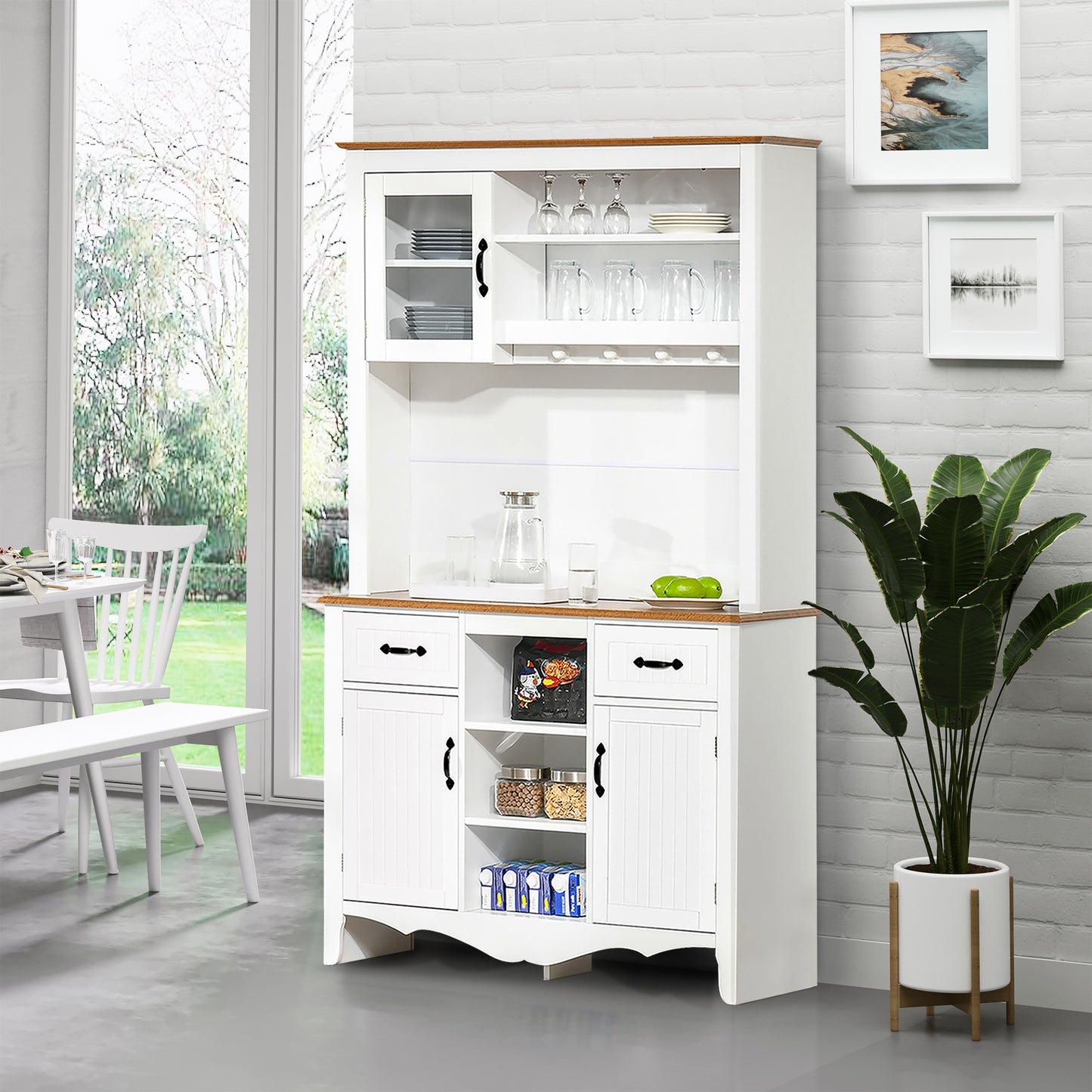 71" Kitchen Buffet with Hutch, Farmhouse Style Storage Cupboard with Utility Drawer, 3 Door Cabinets and 5-tier Shelves, White