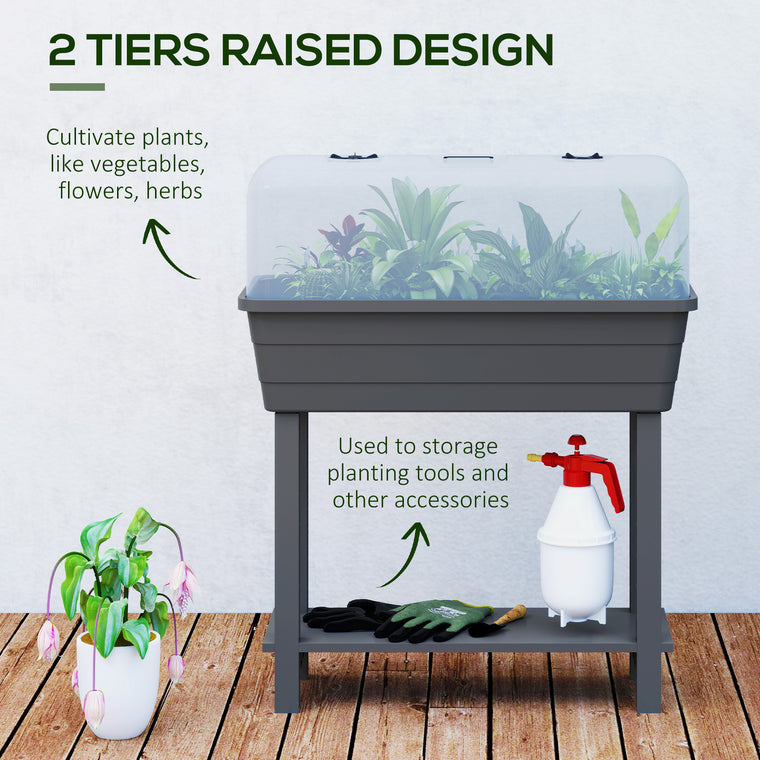Dark Grey Self-Watering Raised Garden Bed with Greenhouse Lid
