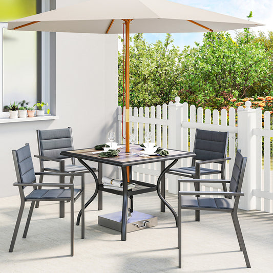 Outdoor Dining Table for 4, Square Patio Table with Umbrella Hole, Shelf, Faux Wood Top for Garden, Backyard, Grey