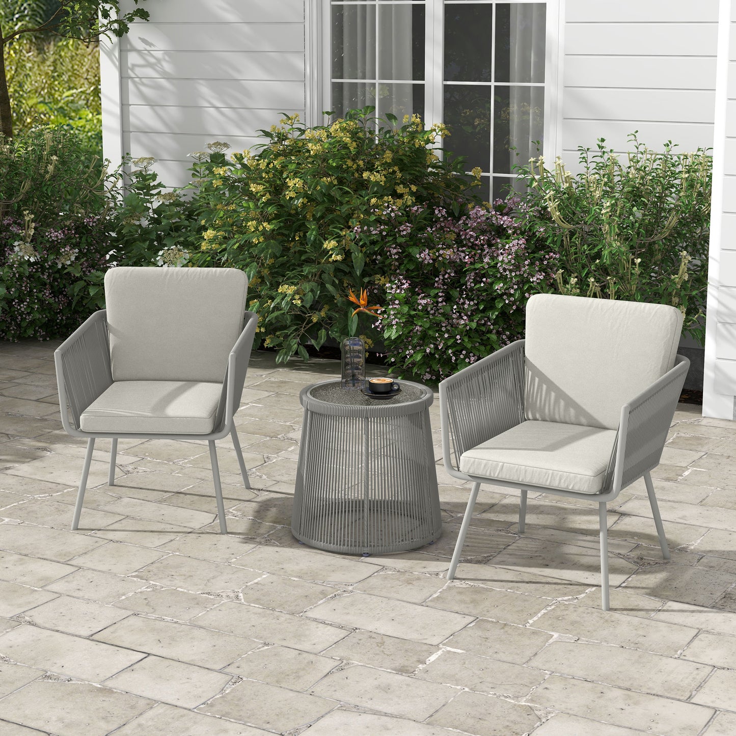 3 Piece Outdoor Patio Bistro Set, Wicker Rattan Furniture with Metal Legs for Garden, Backyard, Light Grey