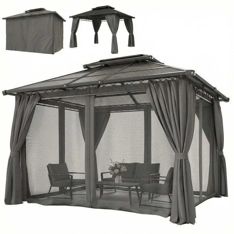10' x 12' Hardtop Gazebo with Steel Frame, Netting & Curtains