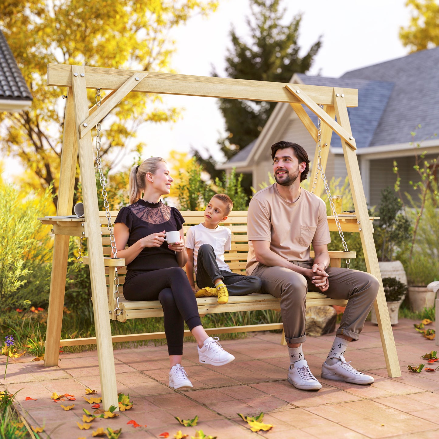 3 Seat Wooden Porch Swing with Stand, Patio Swing with Side Tables, for Garden, Poolside, Backyard, Natural Wood