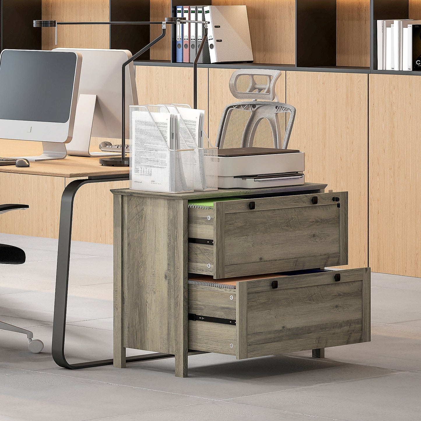 2 Drawer File Cabinet, Lockable Filing Cabinet with Adjustable Hanging Bar for Letter, A4 Size, Weathered Grey Oak