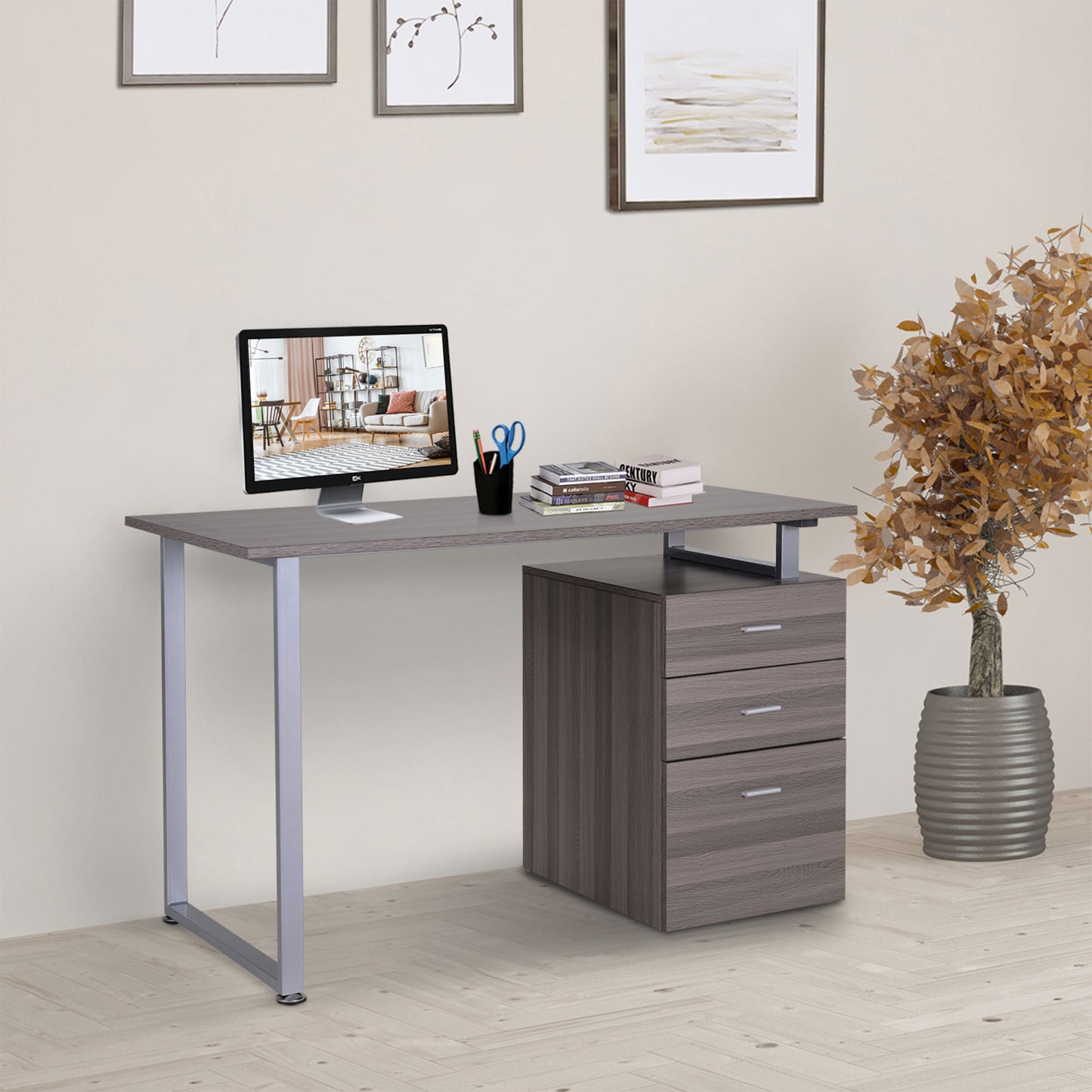 47" Computer Desk Writing Table Workstation with Multi-Use Reversible 3 Drawers Metal Frame Home Office Furniture, Dark Wood Grain