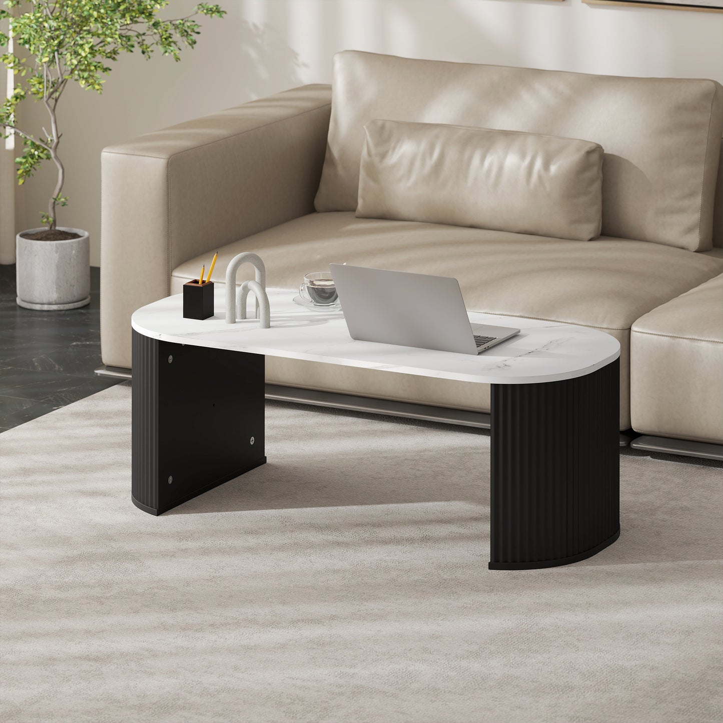 Coffee Table, Modern Marble-Effect Living Room Table with Round Corners and Thicken Legs, Black