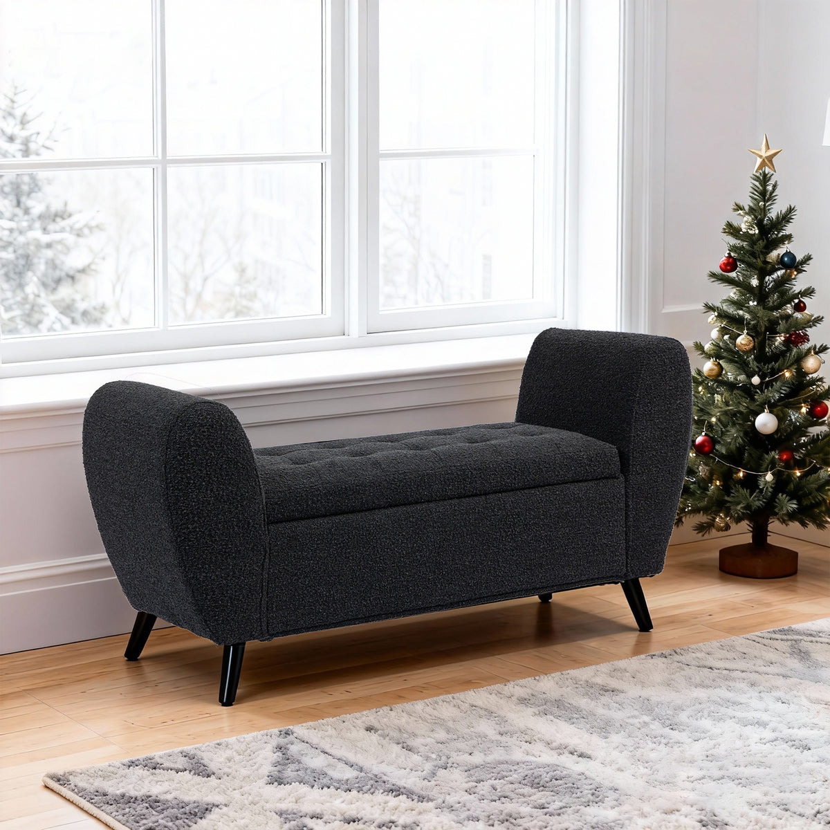 Upholstered Storage Bench with Arms, Modern Ottoman Bench for Bedroom, Entryway, and Living Room, Black