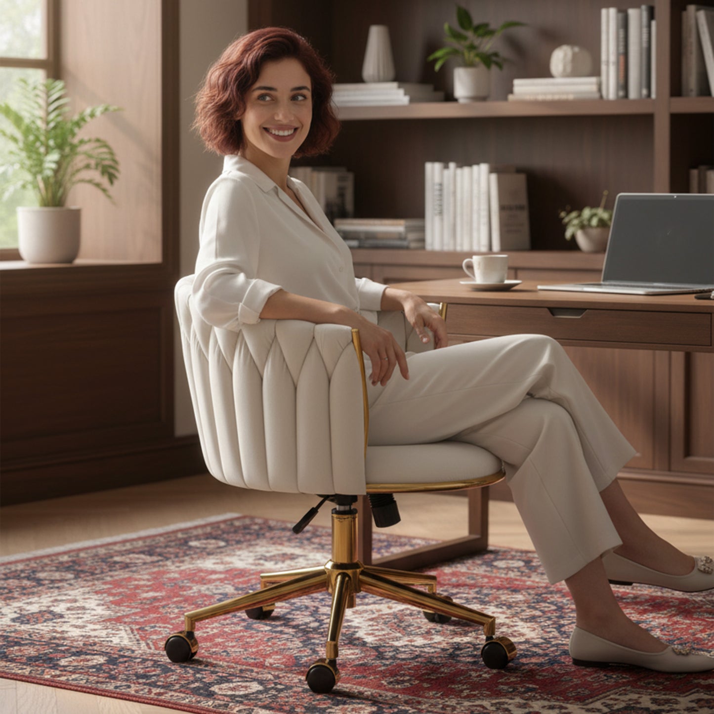 Office Chair, Vanity Chair with Woven Back, Adjustable Height, Rolling Wheels, Cream White