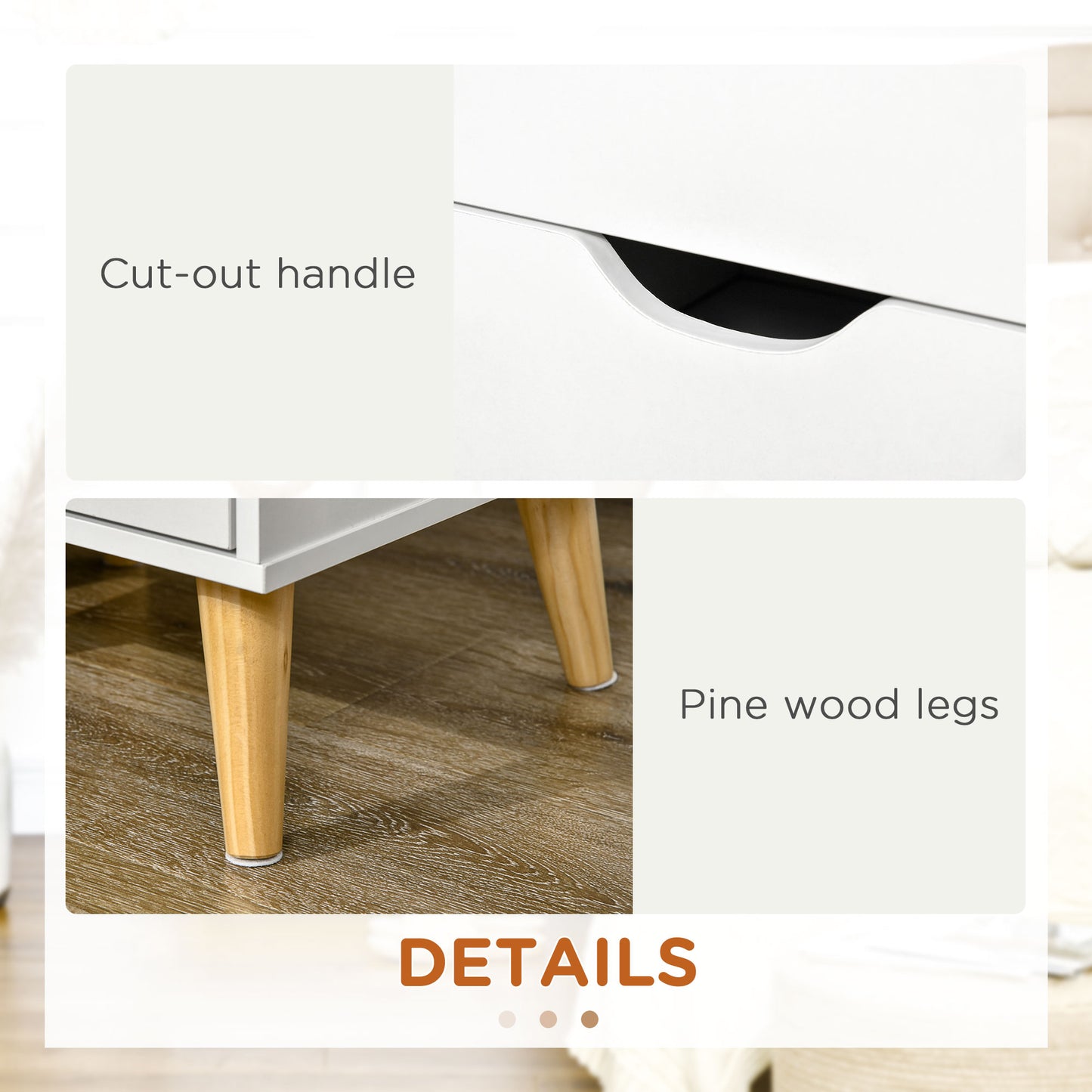 Modern Bedside Table, Nightstand with 2 Drawers and Pine Wood Legs for Bedroom, Living Room, White