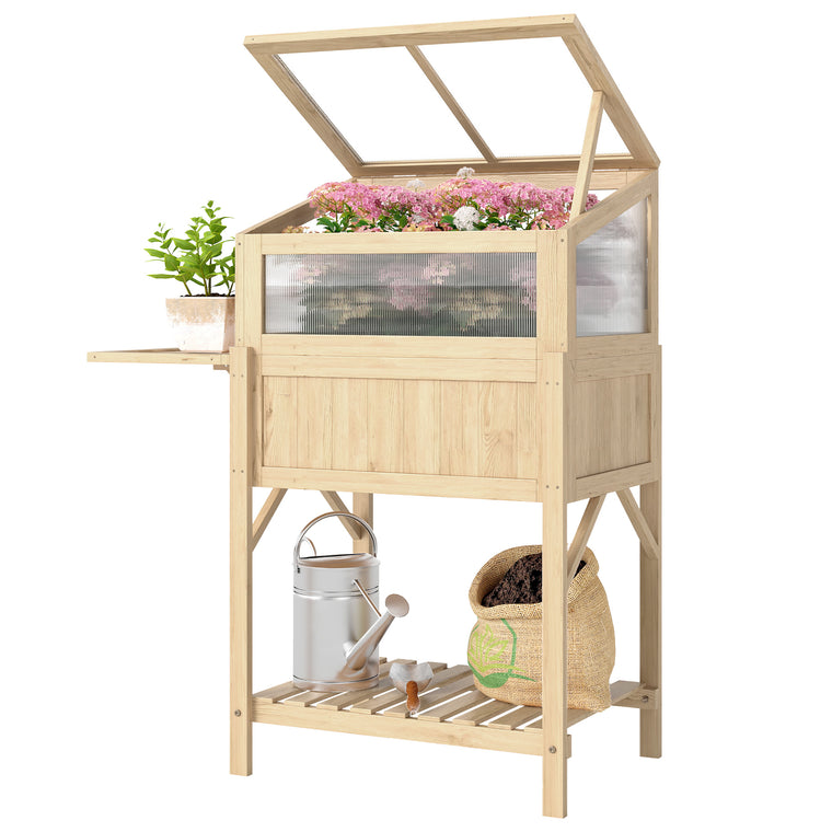 Wood Raised Garden Bed with Cold Frame and Side Table