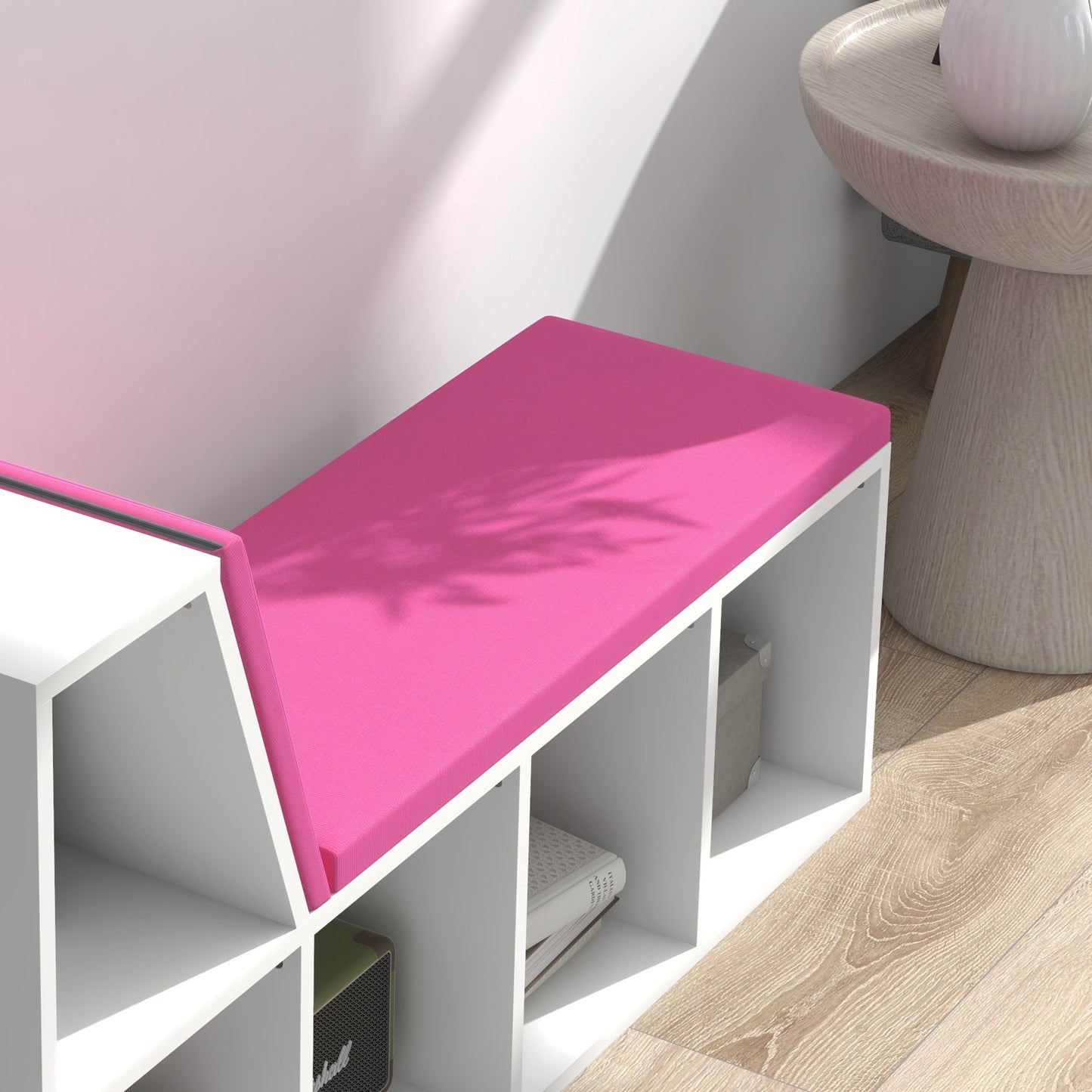 Multi-Purpose Bookshelf with 5 Cubes, 5-Cubby Bookcase with Cushioned Reading Nook and Storage Shelves, Pink