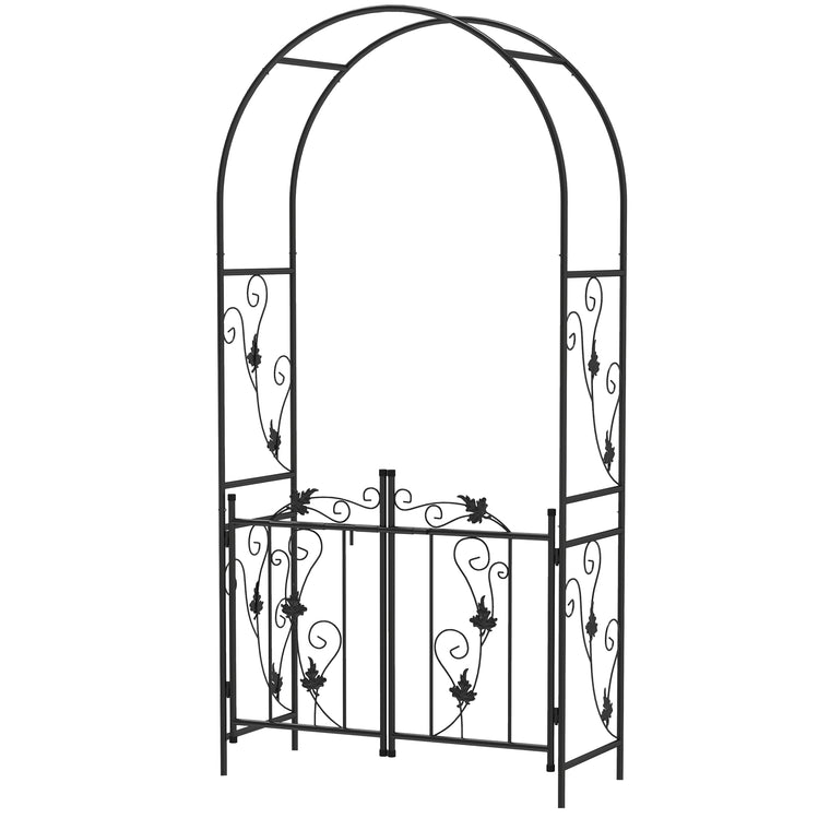 7' Black Steel Garden Arch with Gate & Trellis
