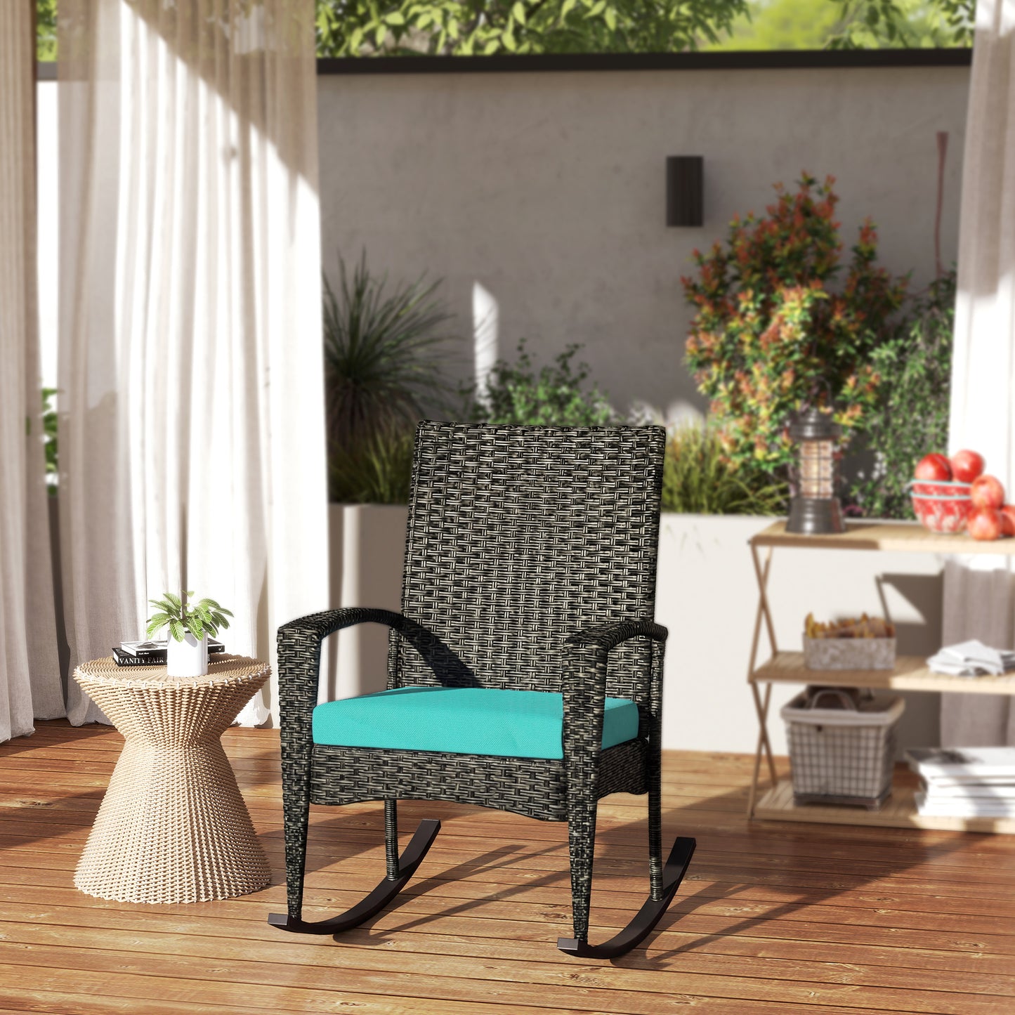 Outdoor Rocking Chair, Patio Wicker Chair Removable Cushion, High Back and Armrests for Porch Balcony, Navy Blue - Turquoise
