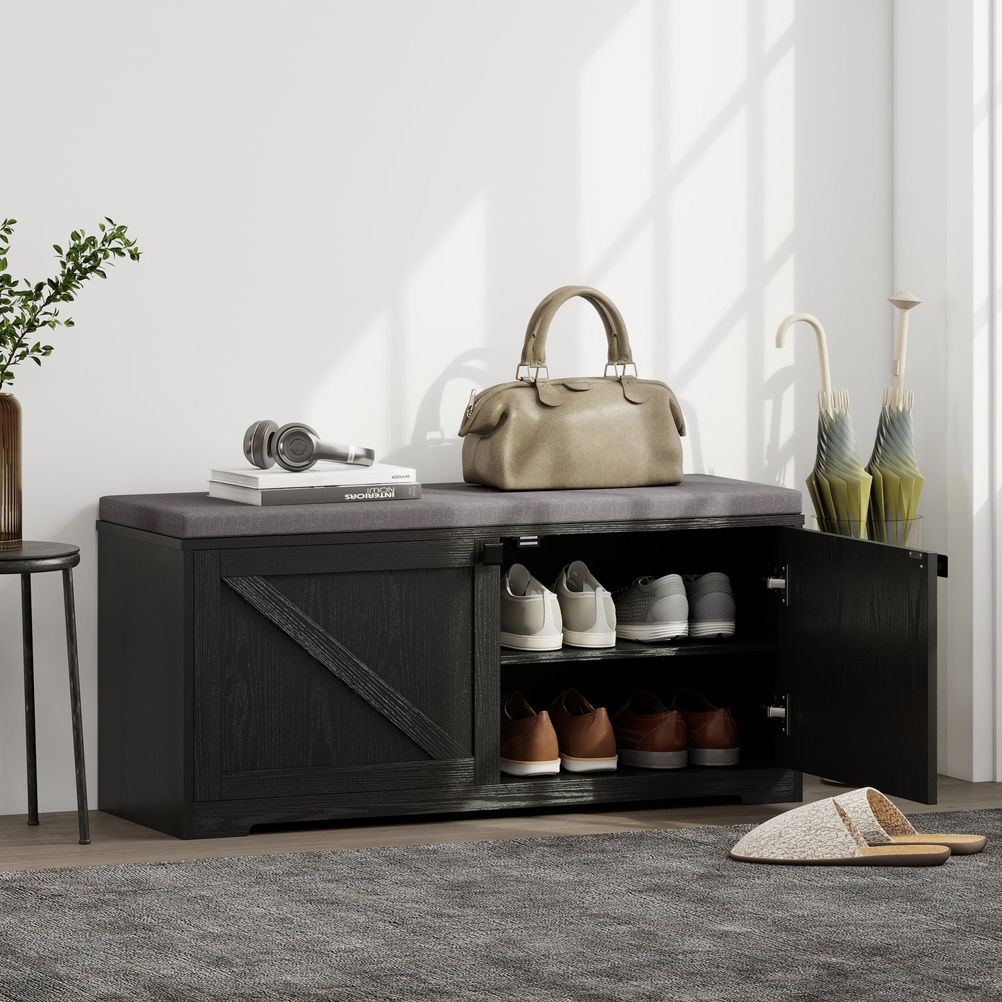 Shoe Storage Bench with Padded Seat, Entryway Bench Holds up to 352 lb, Shoe Organizer, 8 Pairs, Black Wood Grain