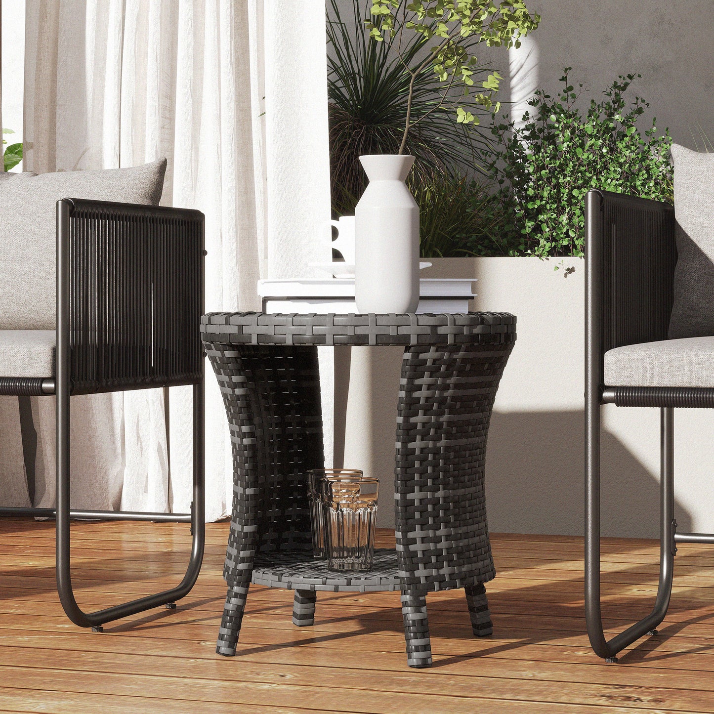 18" Wicker Outdoor Coffee Table, PE Rattan Patio Side Table with 2-Tier Storage, Composite Wood Top, Grey