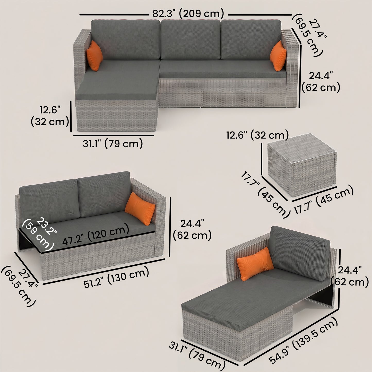 3-Piece Patio Furniture Set Modern Sectional Sofa Rattan Chair Wicker Conversation Set Outdoor Hand Woven Rattan Wicker Furniture Patio Coffee Table Sofa Set, Blue