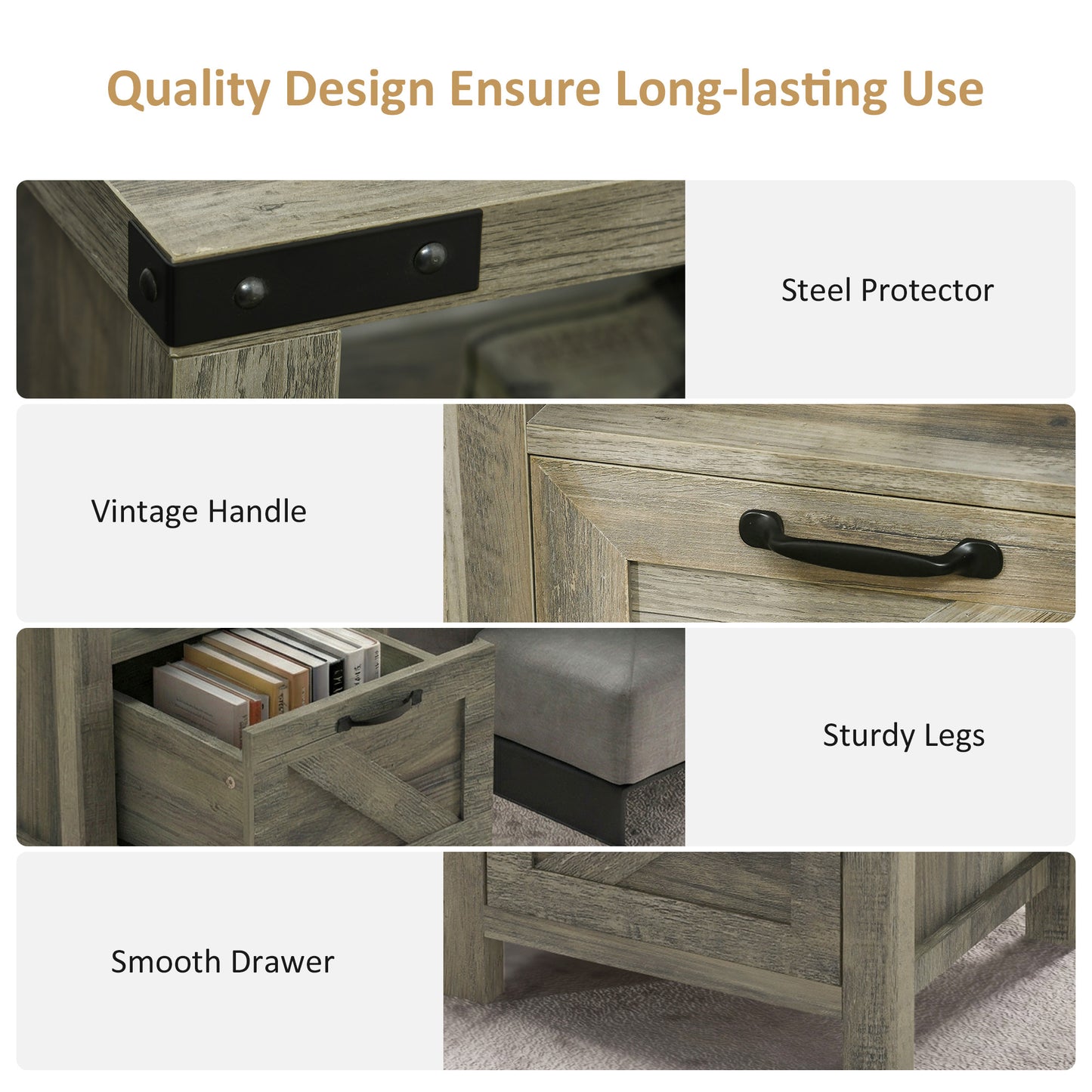 Small Side Table with Storage, Farmhouse End Table with Drawer, Open Shelf and Barn-style Panel, Nightstand for Living Room, Bedroom, Grey