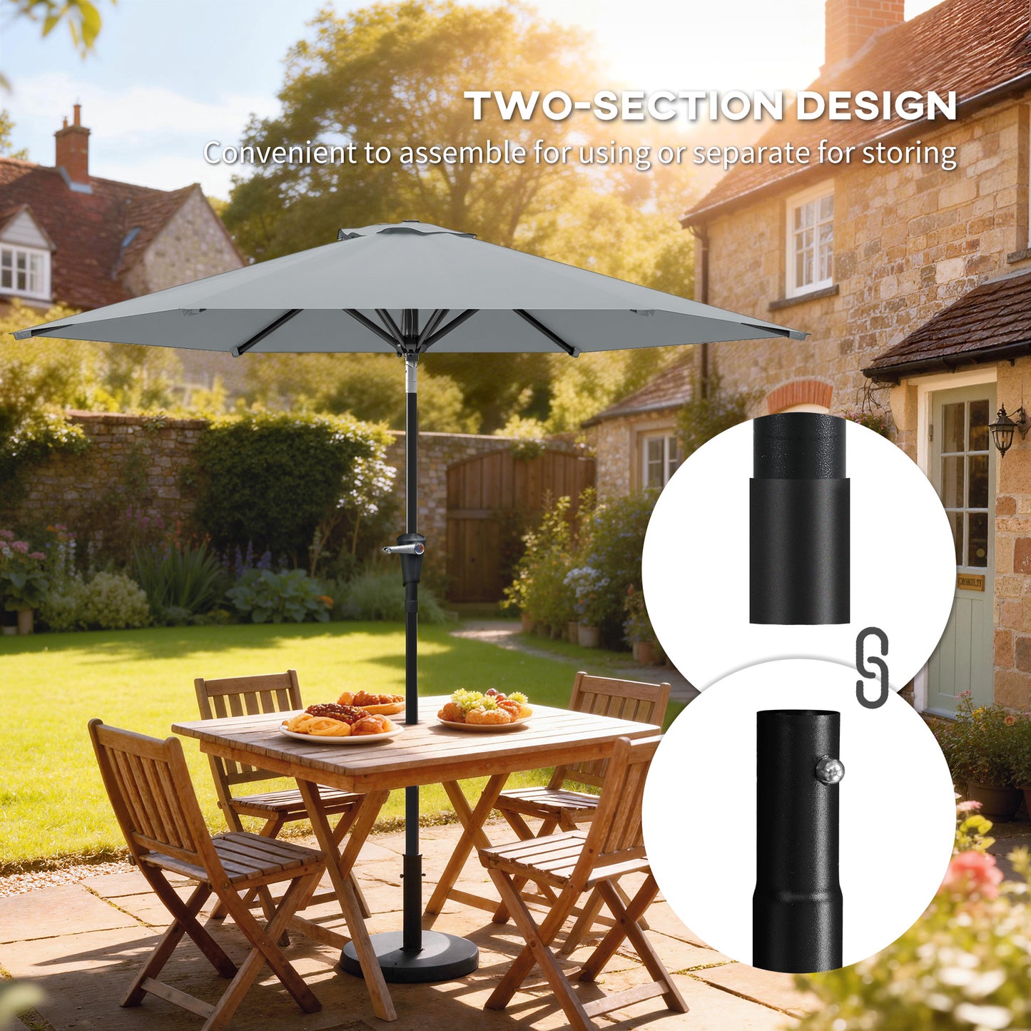 Patio Sun Umbrella, Outdoor Parasol with 6 Ribs, Light Grey