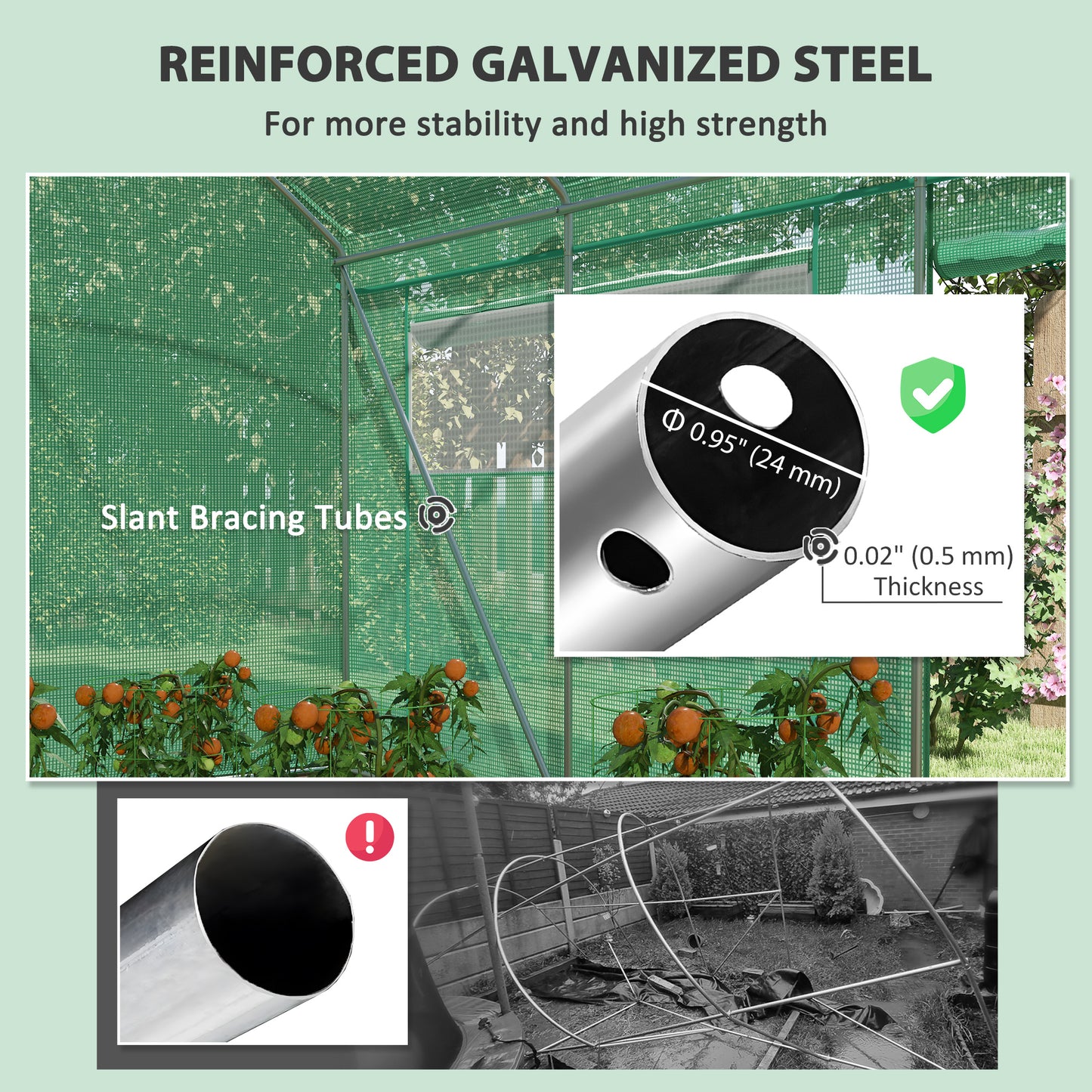 19.5' x 10' x 7.5' Tunnel Greenhouse with 3 Roll-Up Doors and Large Mesh Windows, Galvanized Steel Frame, Wind Resistant, Green