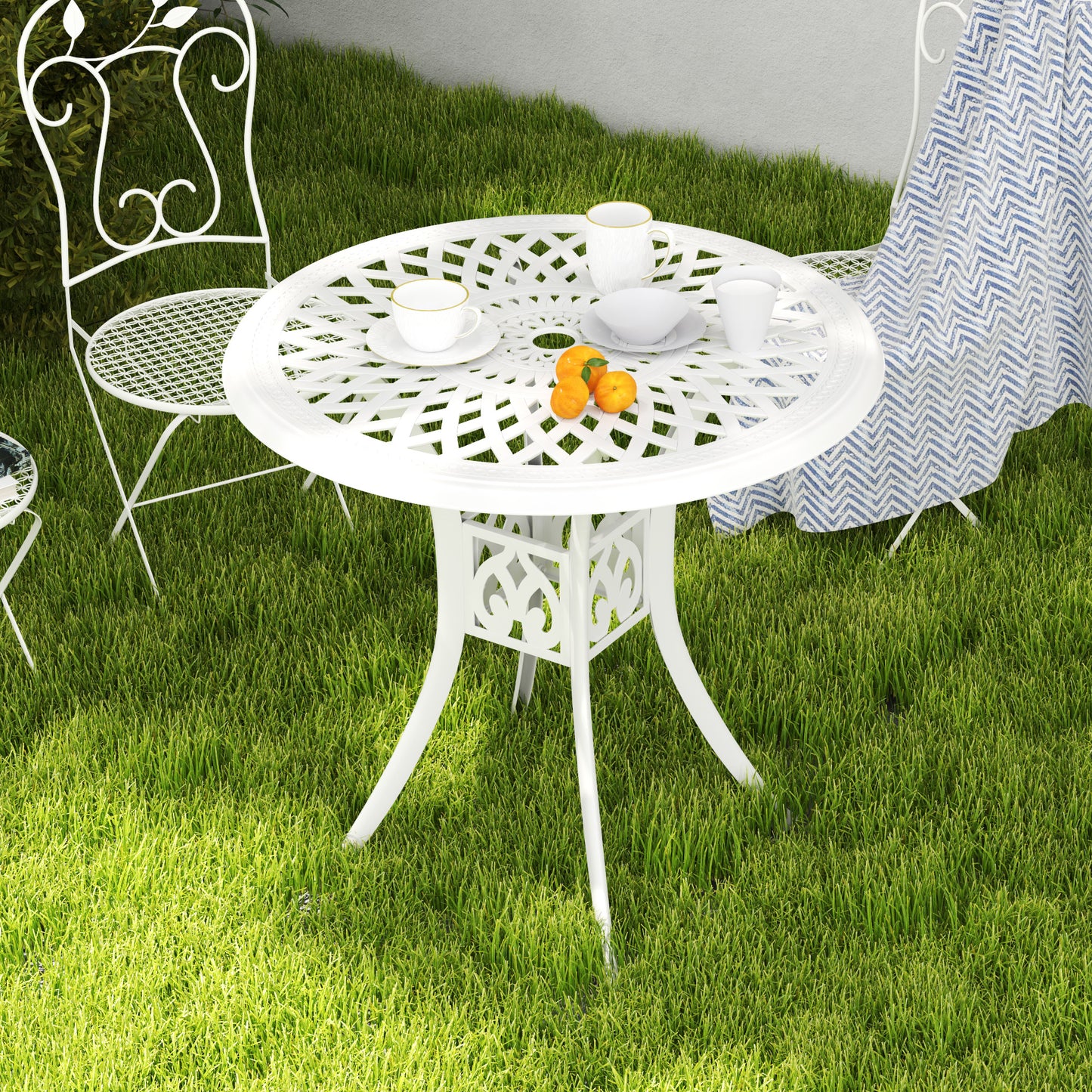 30-inch Round Patio Dining Table with Umbrella Hole Cast Aluminium Outdoor Bistro Table, White