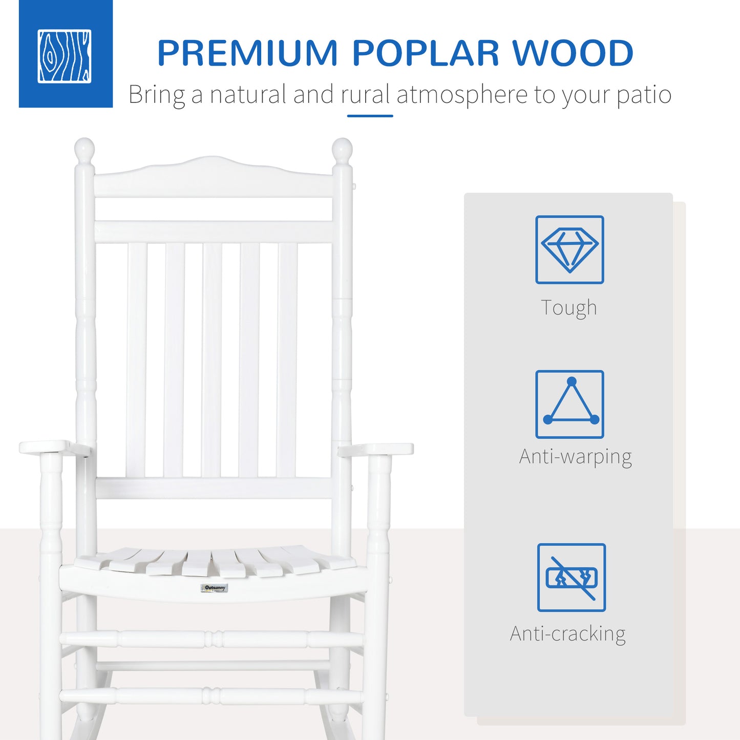 Wooden Outdoor Rocking Chair, Patio Rocking Chair with Slatted High Back and Armrests for Porch, Garden, Lawn, White