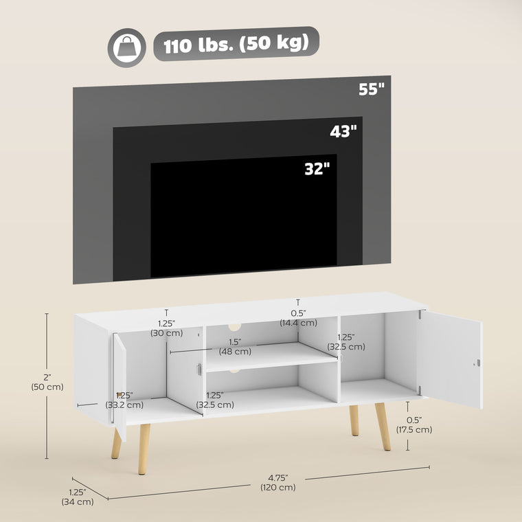 TV Stand with Storage Shelves and Wood Legs - White