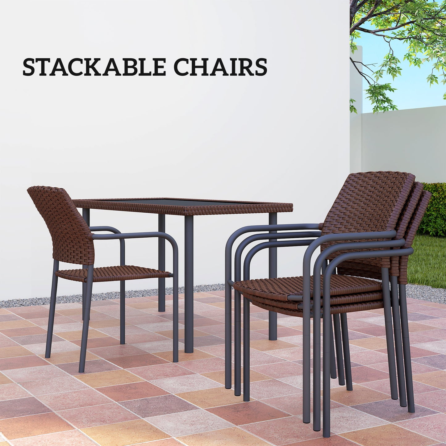 5 Pieces Outdoor Dining Set for 4, PE Wicker Rattan Patio Furniture Set with Stackable Chairs and Glass Table Top