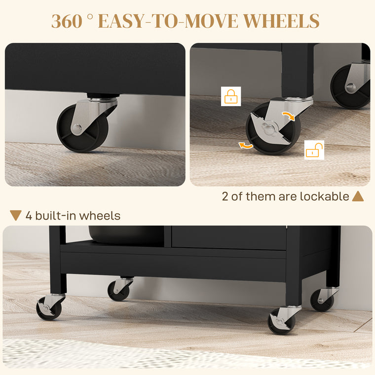 Rolling Kitchen Island Cart with Wood Top - Black