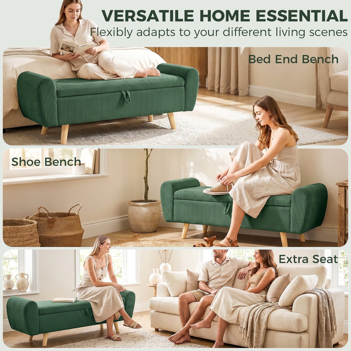Storage Ottoman, 59" Corduroy End of Bed Storage Bench for King Size Bed with Wooden Legs and Rolled Arms, Dark Green