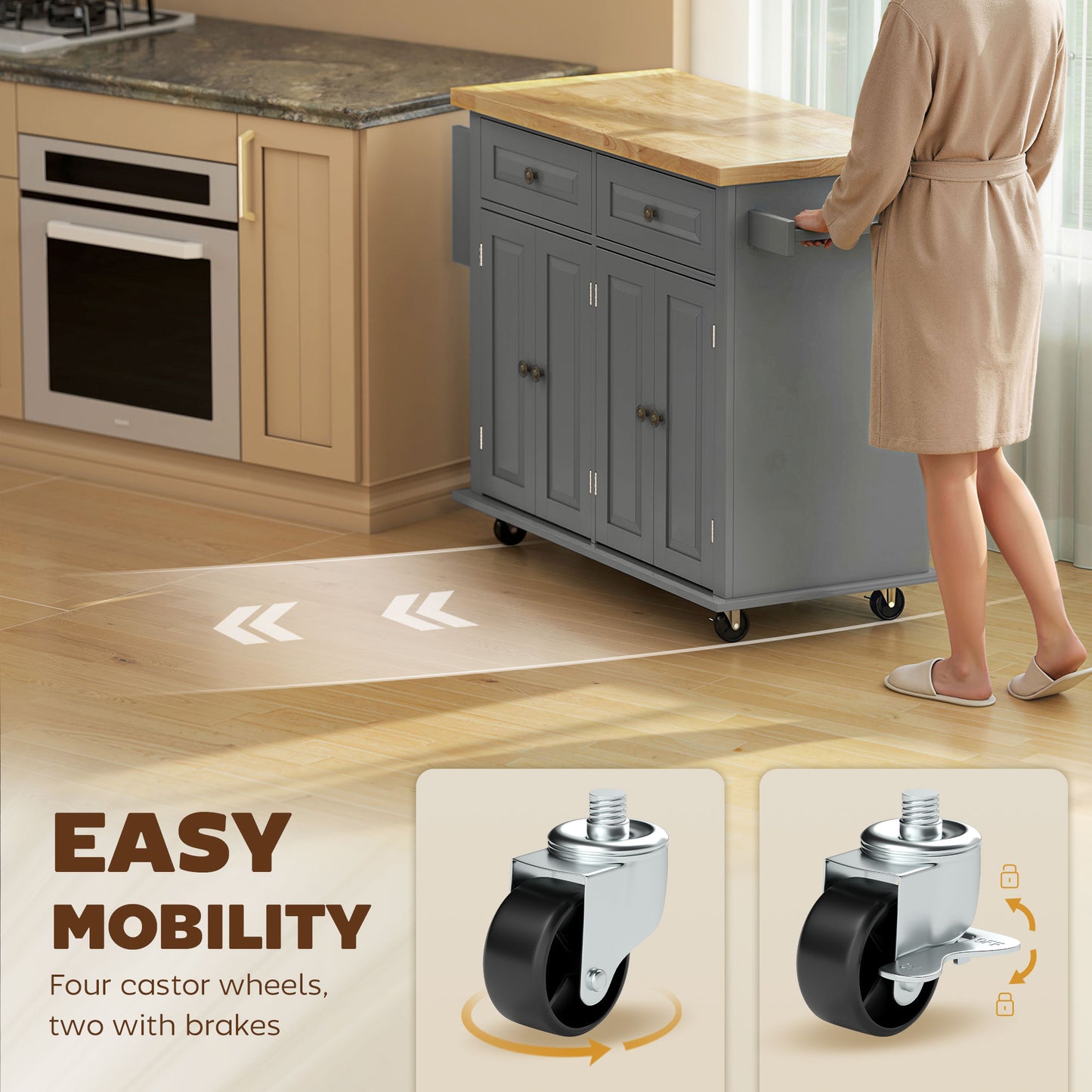 Kitchen Island with Storage, Rolling Trolley Cart with Rubber Wood Top, Spice Rack, Towel Rack, 2 Locking Brakes, Grey