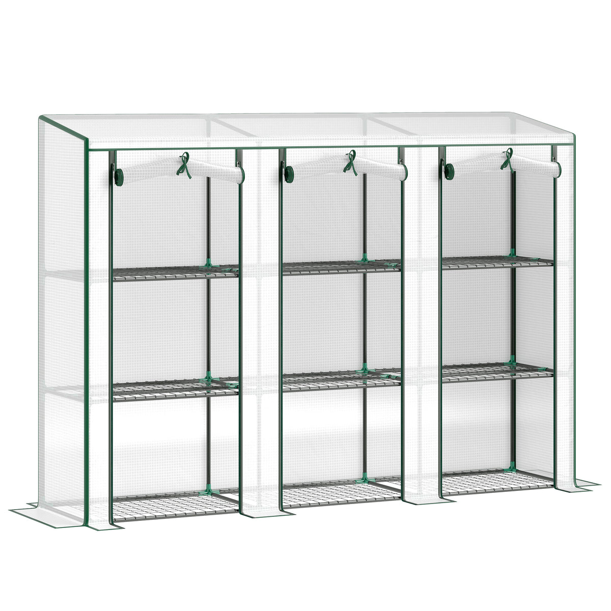 Lean-to Greenhouse with 3 Tier Shelves, Mini Greenhouse with 3 Roll-Up Doors for Indoor Outdoor, White