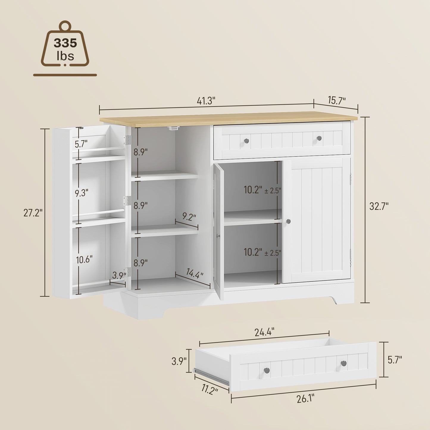 Modern Sideboard Cabinet, 41" Kitchen Buffet Cabinet with Drawer, Adjustable Shelf, 3 Doors for Dining Room, White
