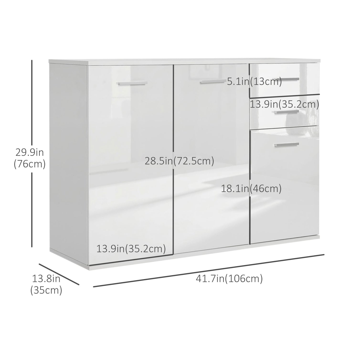 High Gloss Sideboard with 2 Drawers and 3 Doors, Buffet Cabinet with Adjustable Shelf, Coffee Bar Cabinet with Storage, White