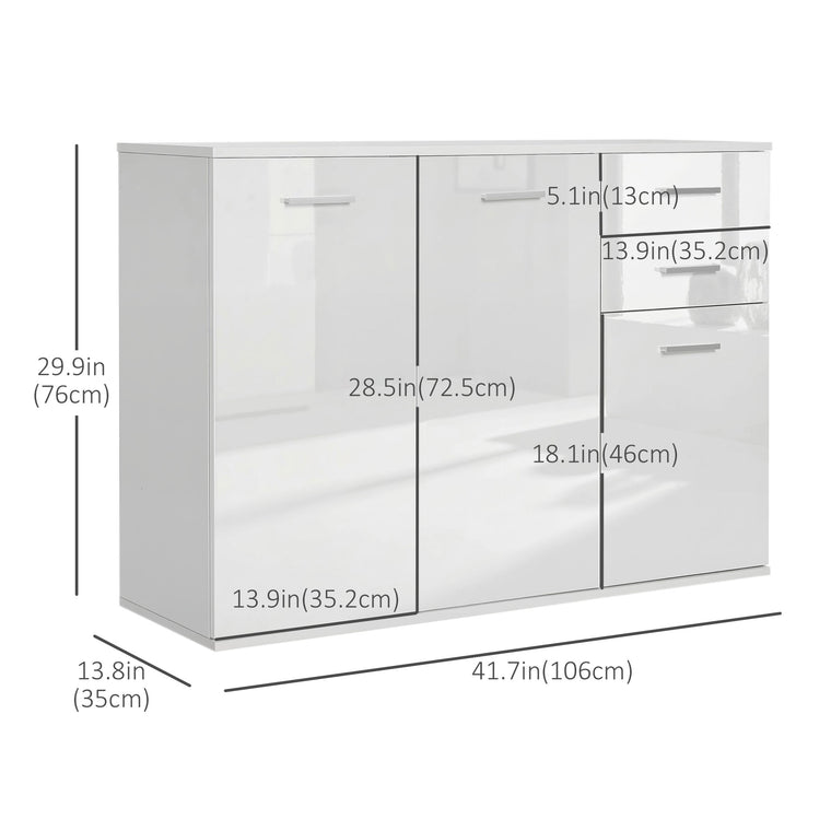 High Gloss Sideboard with 2 Drawers and 3 Doors - White
