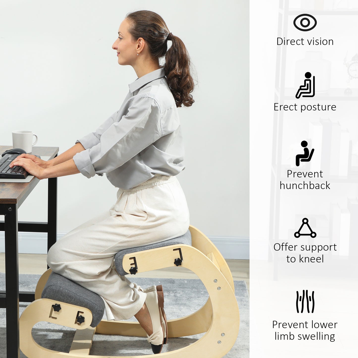 Ergonomic Kneeling Chair, Adjustable Rocking Wood Kneeling Stool, Desk Chair, Improve Posture, Grey