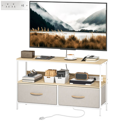 TV Stand with Charging Station and 2 Drawers - Oak
