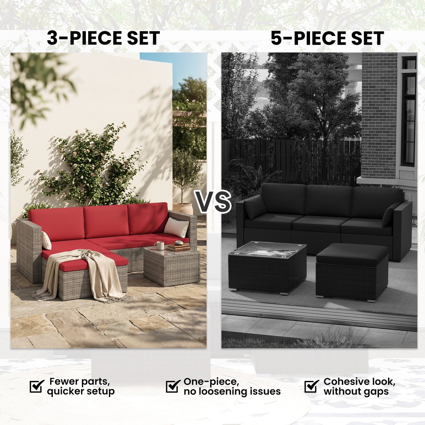 3pcs Modern Rattan Sofa Set, Wicker Patio Furniture Set with Coffee Table, Cushions, Pillows