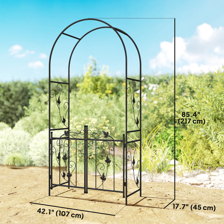 7' Black Steel Garden Arch with Gate & Trellis
