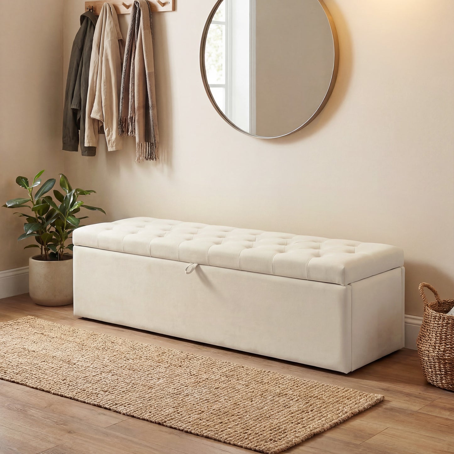 Storage Ottoman, Upholstered Velvet End of Bed Bench, Button Tufted Storage Bench for Bedroom, Living Room, Beige