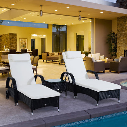 3 Pieces Wicker Patio Lounger Set with Table, Rattan Outdoor Lounge Chair Set with Cushions, Wheels, 5-Level Reclining Backrest, Headrest, Brown/Grey - Black