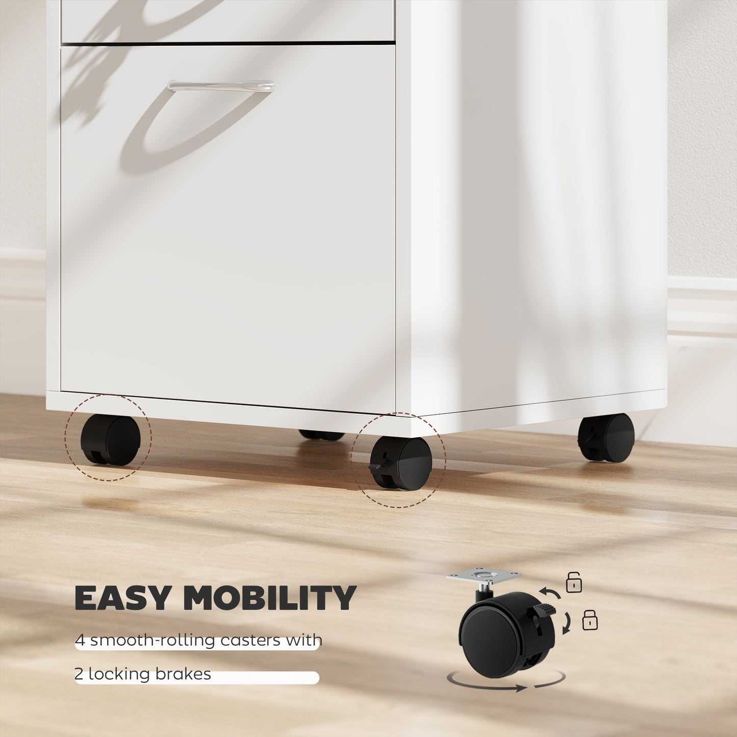 24" Vertical Filing Cabinet with Lockable Drawer, Mobile File Cabinet with 2 Keys, Wheels for Home Office, White