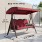 Outdoor Patio 3-Person Steel Canopy Cushioned Seat Bench Swing with Included Side Trays & Padded Comfort, Wine Red