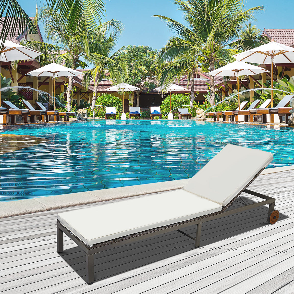 Patio Rattan Sun Lounger with 4-Level Adjustable Backrest and Wheels, Wicker Chaise Lounge Chair with Cushion, for Patio, Deck, Poolside Cream White