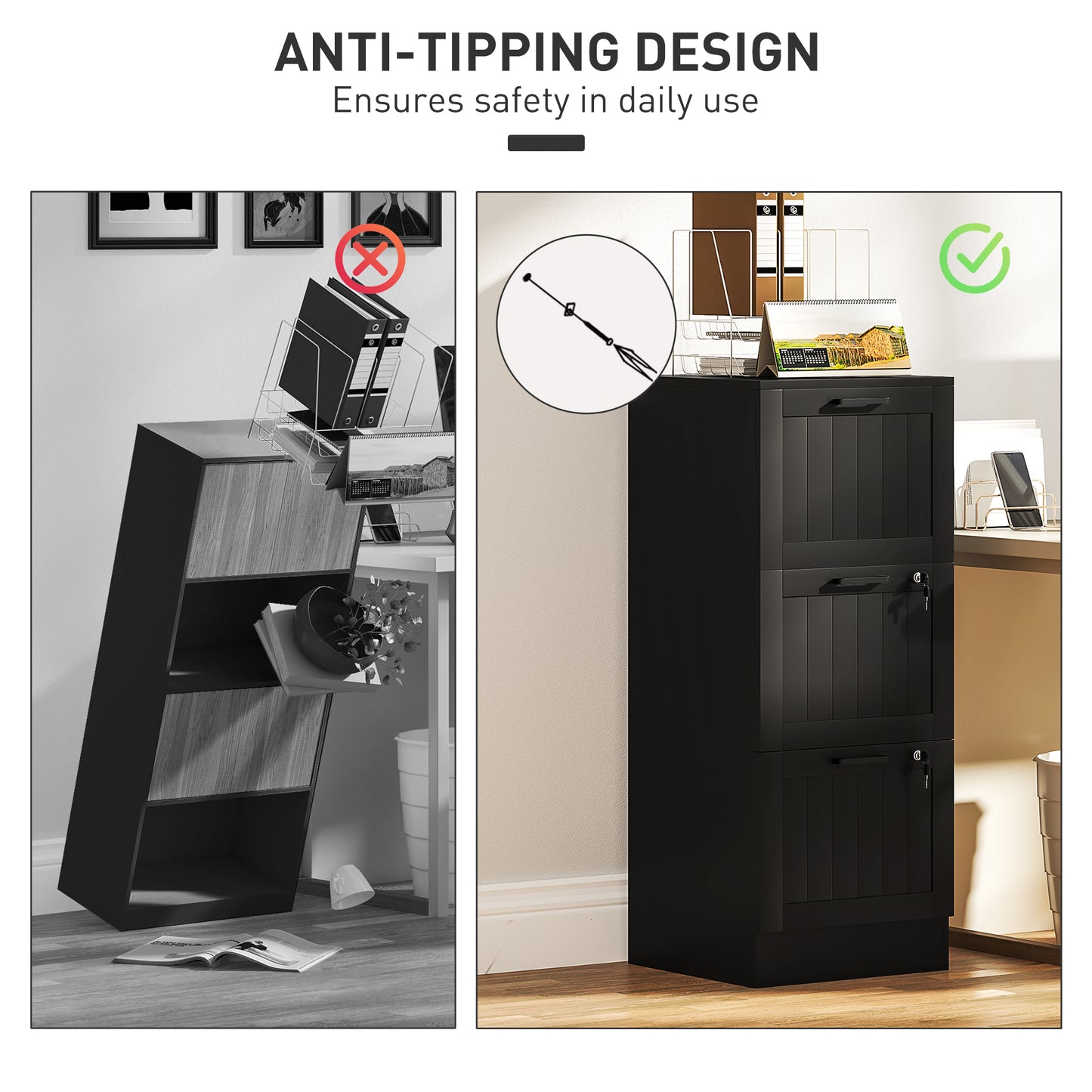3 Drawer Filing Cabinet with Lock, Office Storage Cabinet with Adjustable Hanging Bars for A4 Letter Size Files, Black
