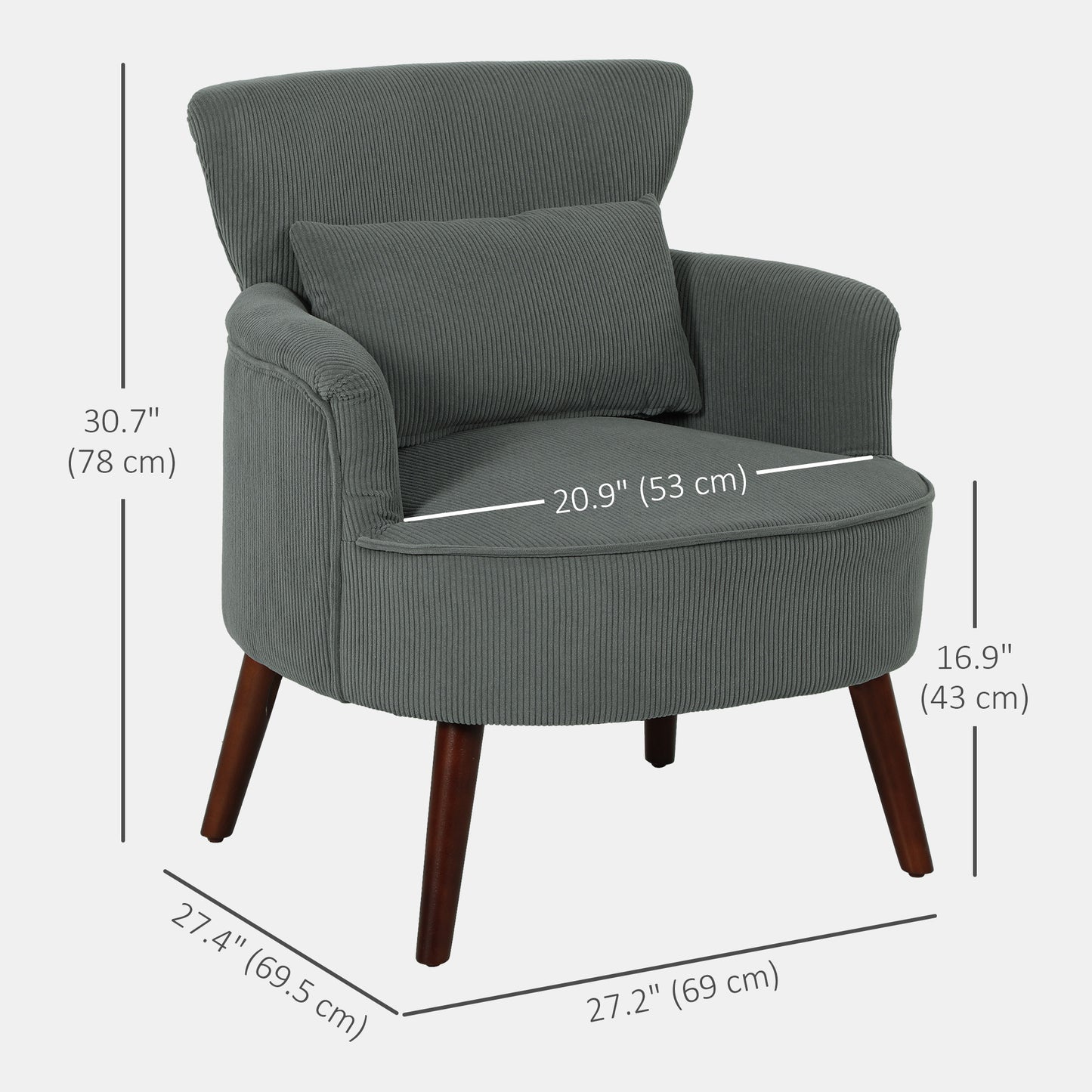 Modern Accent Chair, Upholstered Armchair with Solid Wood Legs and Lumbar Pillow for Living Room, Grey