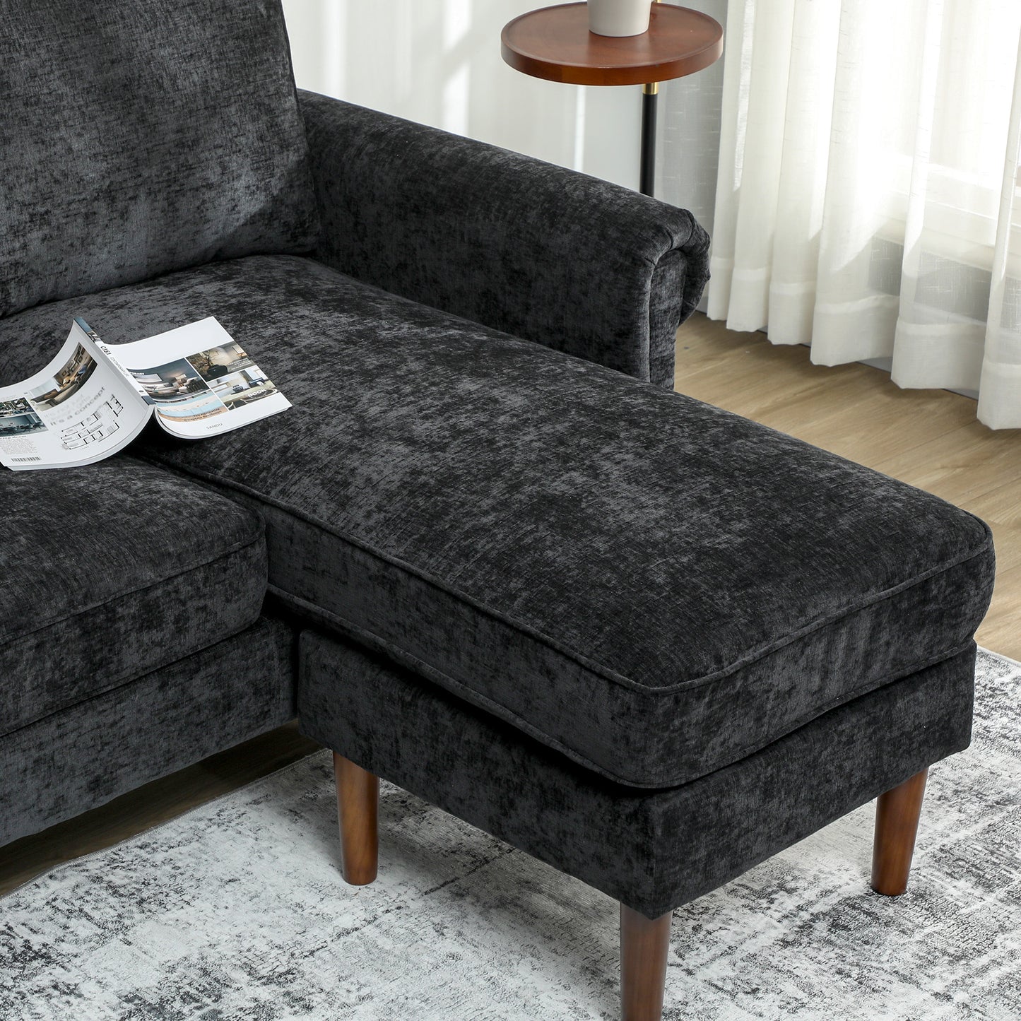 L Shape Sofa, Modern Sectional Couch with Changeable Chaise Lounge, Wooden Legs, Corner Sofa for Living Room, Black