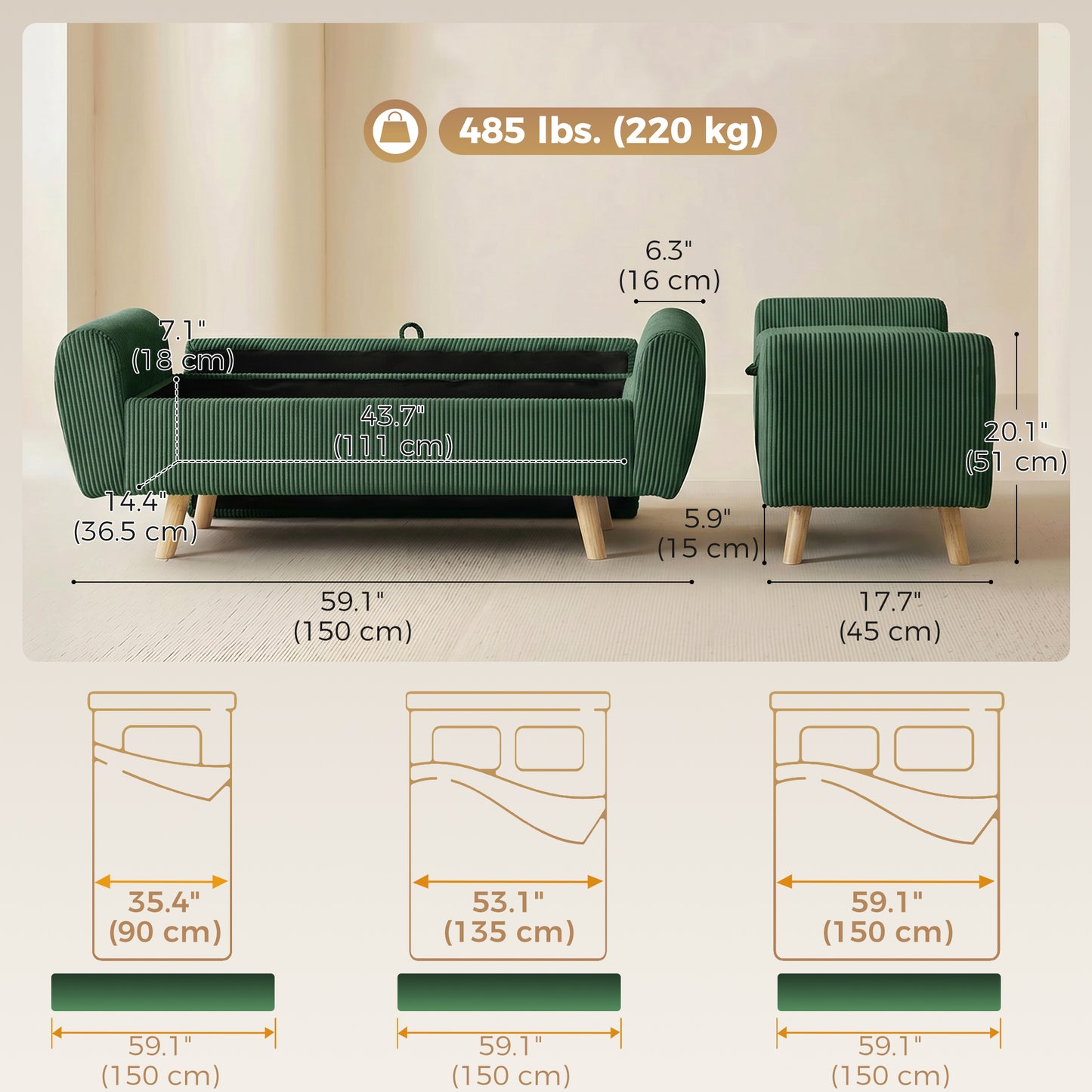 Storage Ottoman, 59" Corduroy End of Bed Storage Bench for King Size Bed with Wooden Legs and Rolled Arms, Dark Green