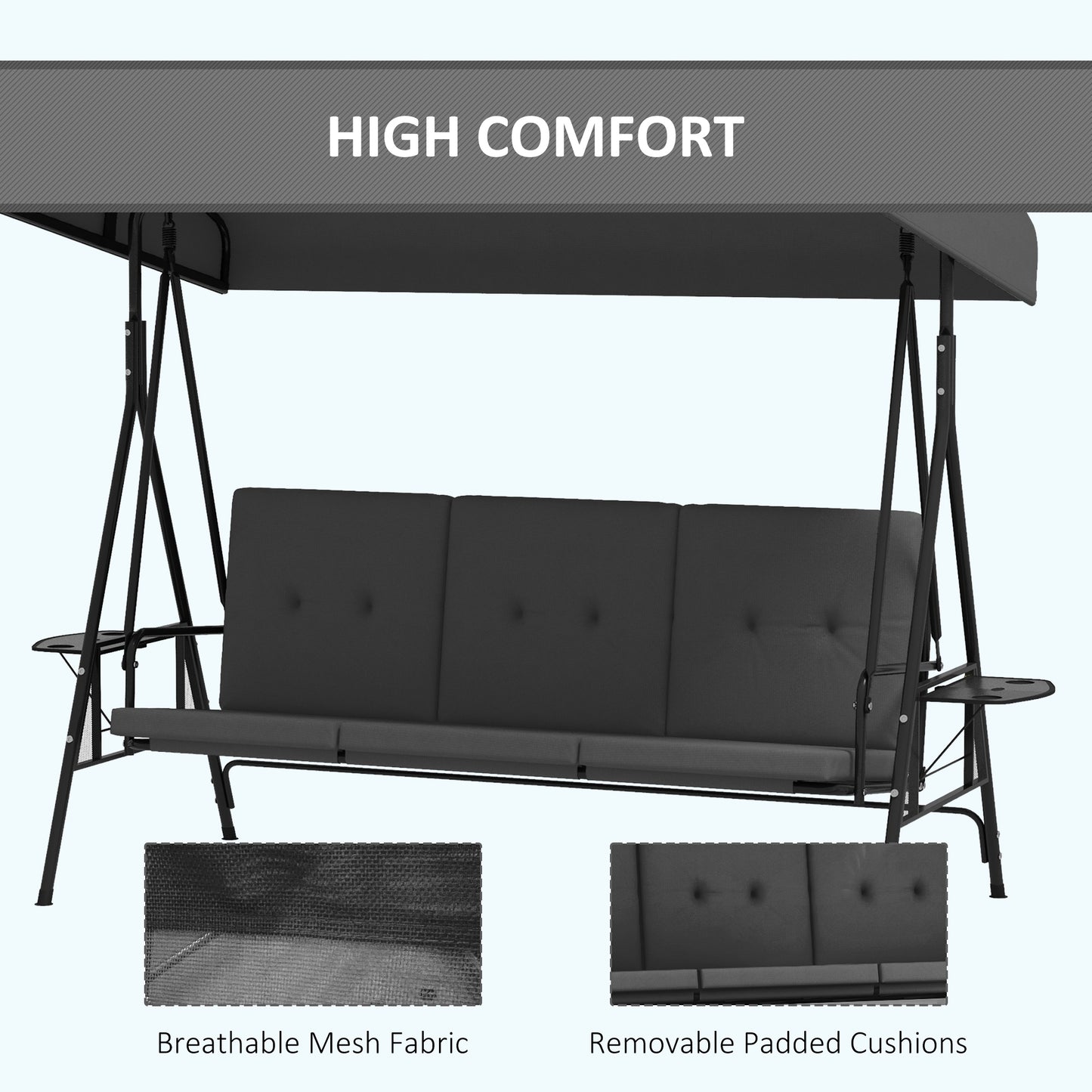 3-Seat Outdoor Porch Swing Patio Swing with Adjustable Canopy, Side Tray, Removable Cushion for Garden, Poolside, Grey