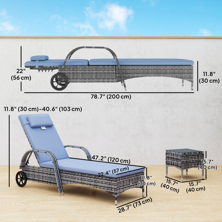 Grey 3-Piece Wicker Lounger Set with Table