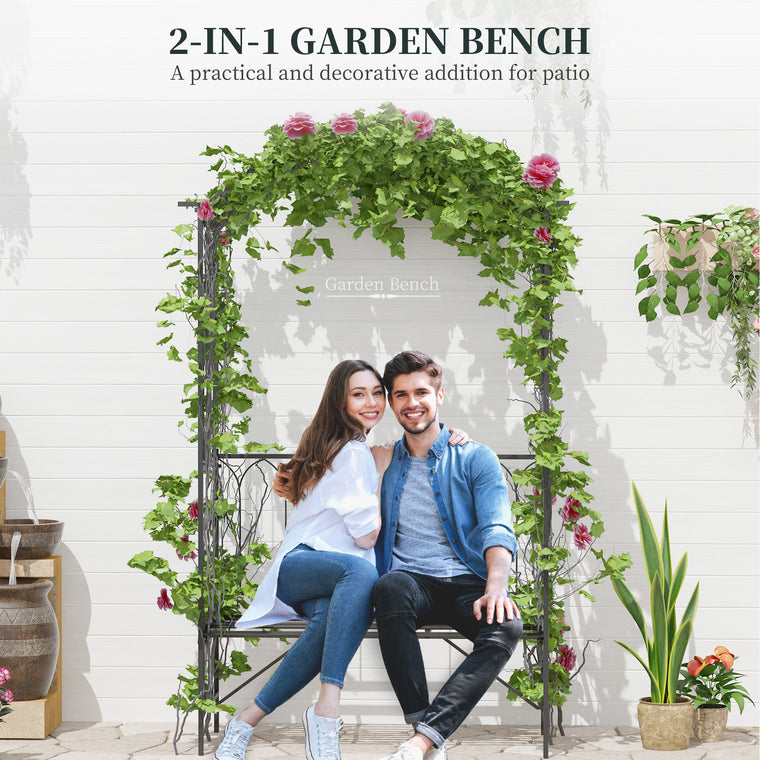 80" Black Metal Garden Arbor Arch with 2-Seater Bench